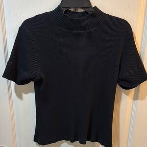 Kathy Ireland Black Fitted Short Sleeve Mandarin Collar Tee